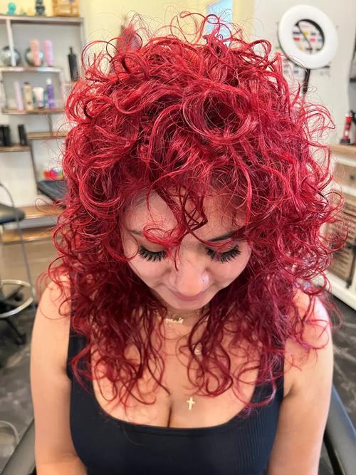 Curly Haircut &amp; Cherry Red Color in Denver, Commerce City, Thornton &amp; Aurora This curly hair(..)